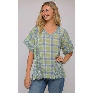 New Gigio Size S M L Sage Green Pale Blue Plaid Floral OVERSIZED Fit V Neck Top